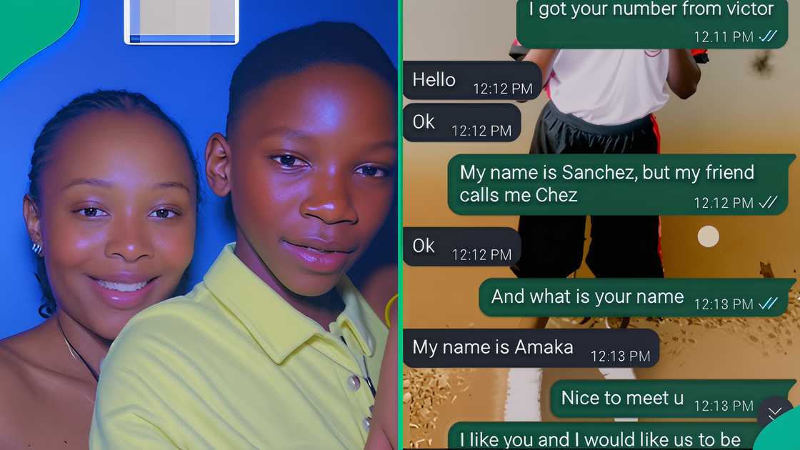 A mother reacts as she displays a WhatsApp chat of her 12-year-old son