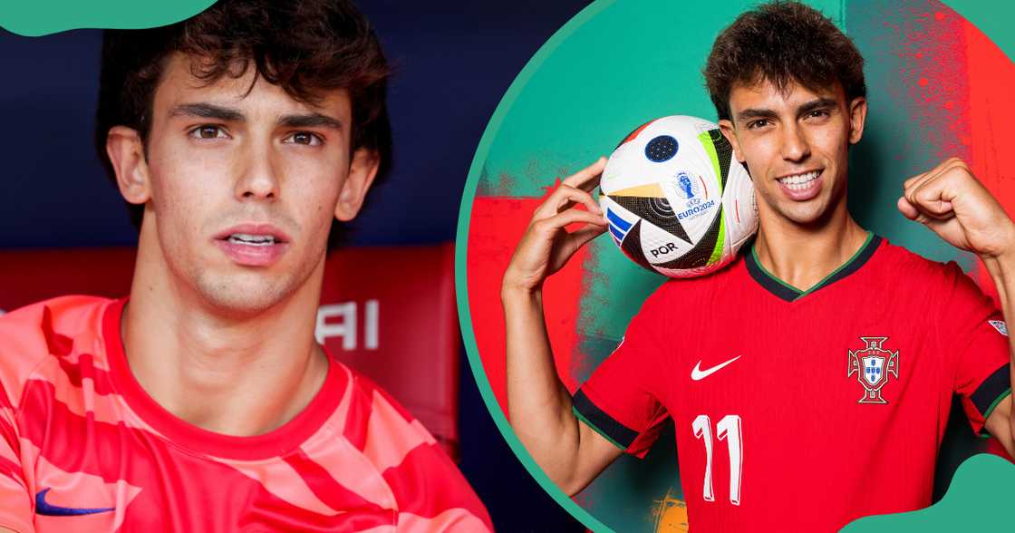 João Félix poses with a ball on his shoulder before a La Liga match (L) and ahead of UEFA EURO 2024 (R).