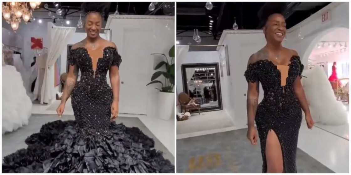 Photos of a lady in a black wedding dress.