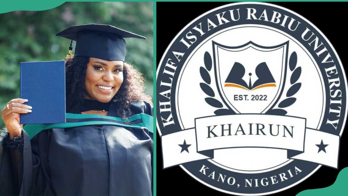 A young lady in a graduation gown (L). Khalifa Isyaku Rabiu University logo (R)