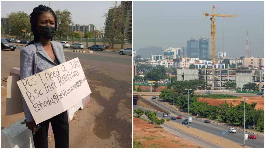 Frustrated Nigerian lady hit Abuja street with cardboard to beg for job, stirs reactions Frustrated Nigerian lady hit Abuja street with cardboard to beg for job, stirs reactions