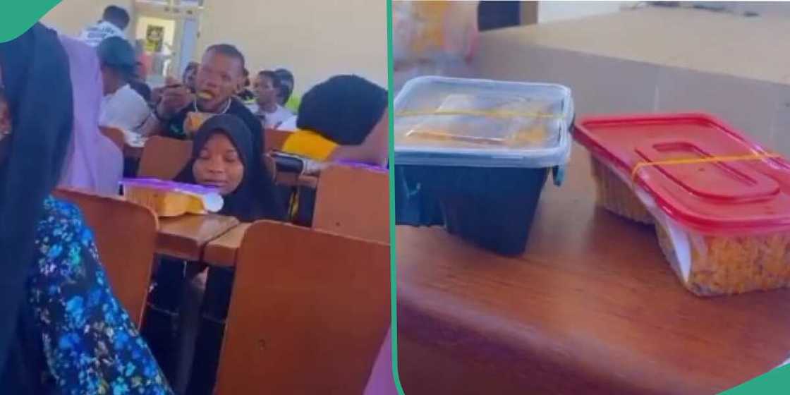 Lecturer distributes food to his students Lecturer distributes food to his students