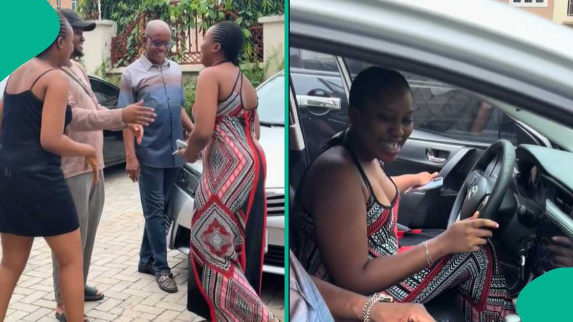 Lady celebrates as she gets car gift from her father. Lady celebrates as she gets car gift from her father.