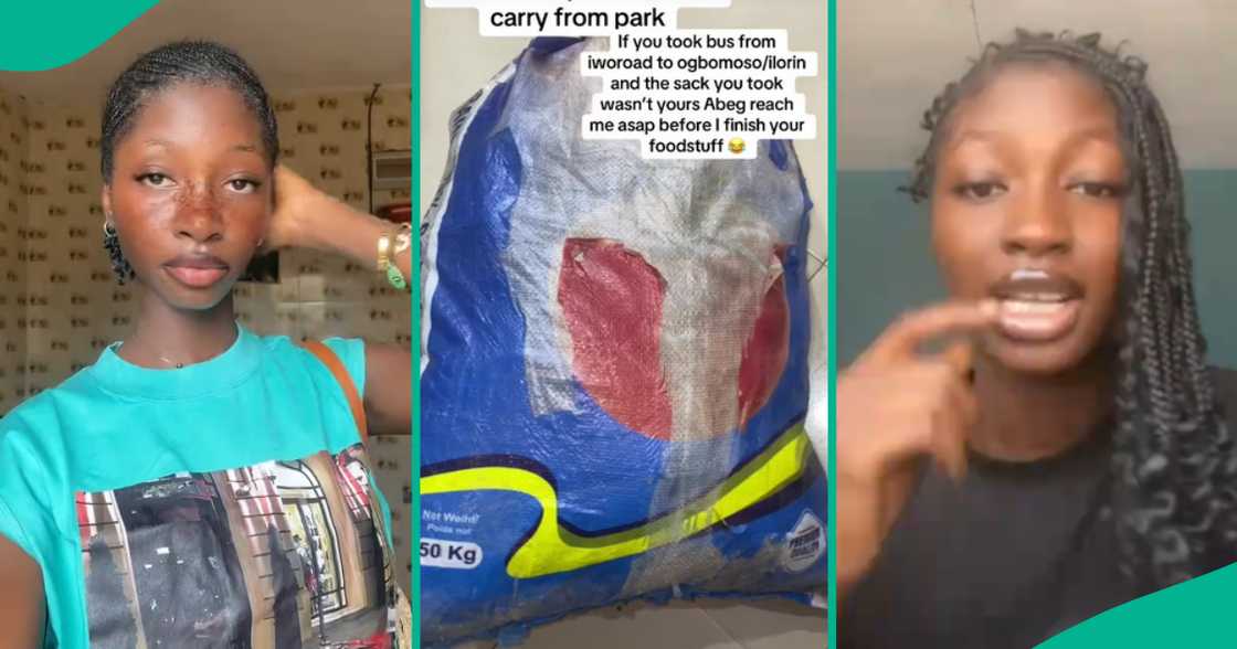 Lady displays things in sack bag she mistakenly took home Lady displays things in sack bag she mistakenly took home