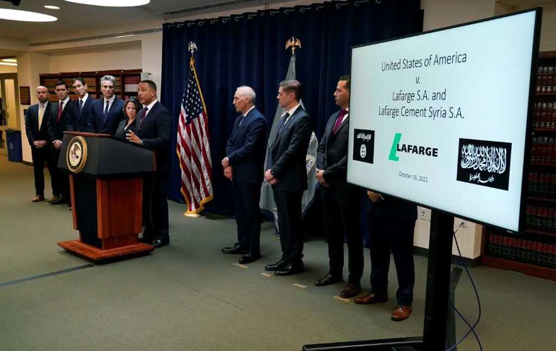 US Attorney Breon Peace announced that French cement giant Lafarge is being fined $778 million for doing business in Syria with the Islamic State group and Al Nusrah Front -- both officially designated by the US as terrorist groups US Attorney Breon Peace announced that French cement giant Lafarge is being fined $778 million for doing business in Syria with the Islamic State group and Al Nusrah Front -- both officially designated by the US as terrorist groups