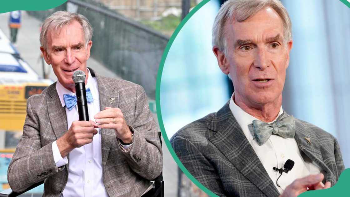 Bill Nye at the Emerson Collective Climate Science Fair (L) and speaks onstage during Global Citizen NOW: Climate Sessions in New York City (R)