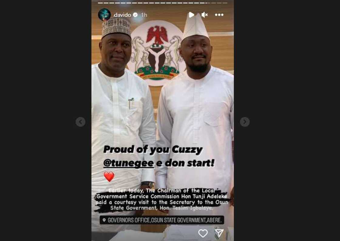 Davido celebrates cousin Tunegee's political appointment in Osun.