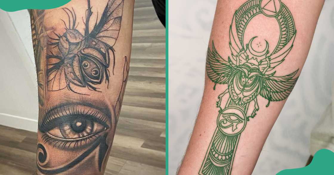 Eye of Hotus tattoos with a scarab on the leg and arm.