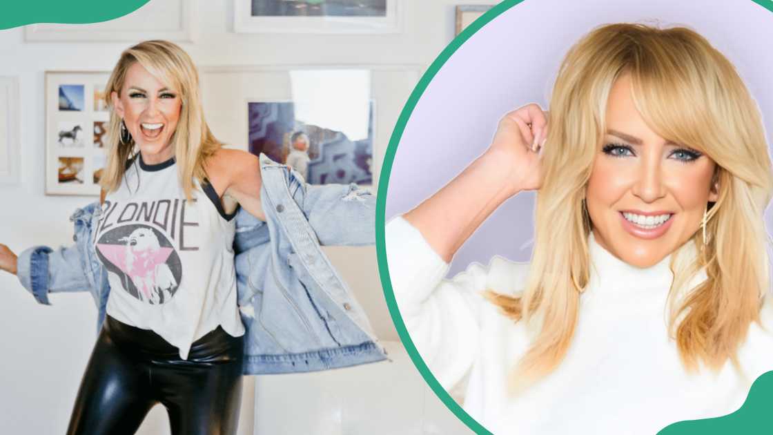 Chalene Johnson in black leather jeans and blue denim jacket and also in a white turtleneck
