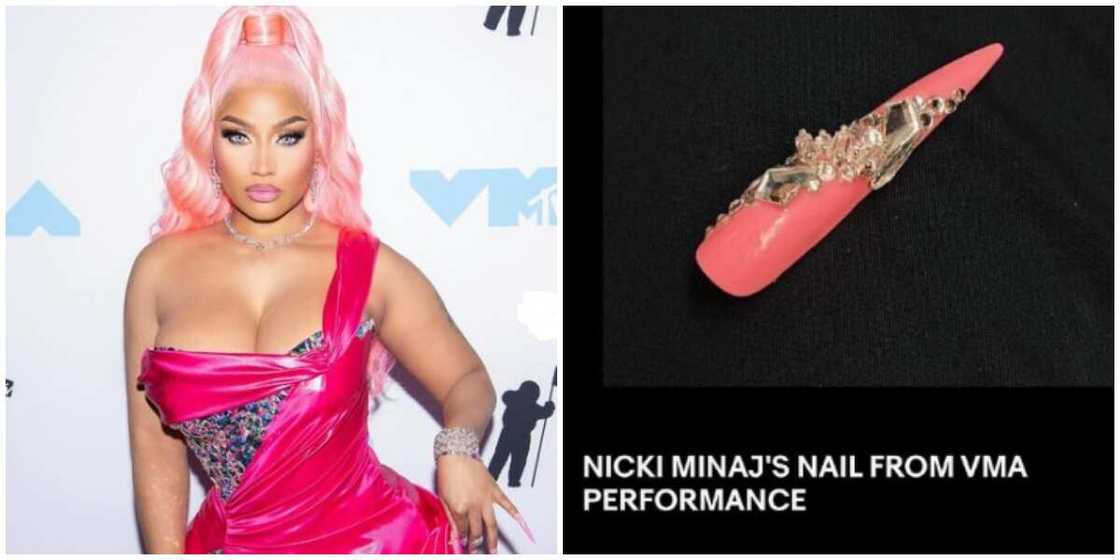 Photos of Nicki Minaj and a press-on nail. Photos of Nicki Minaj and a press-on nail.