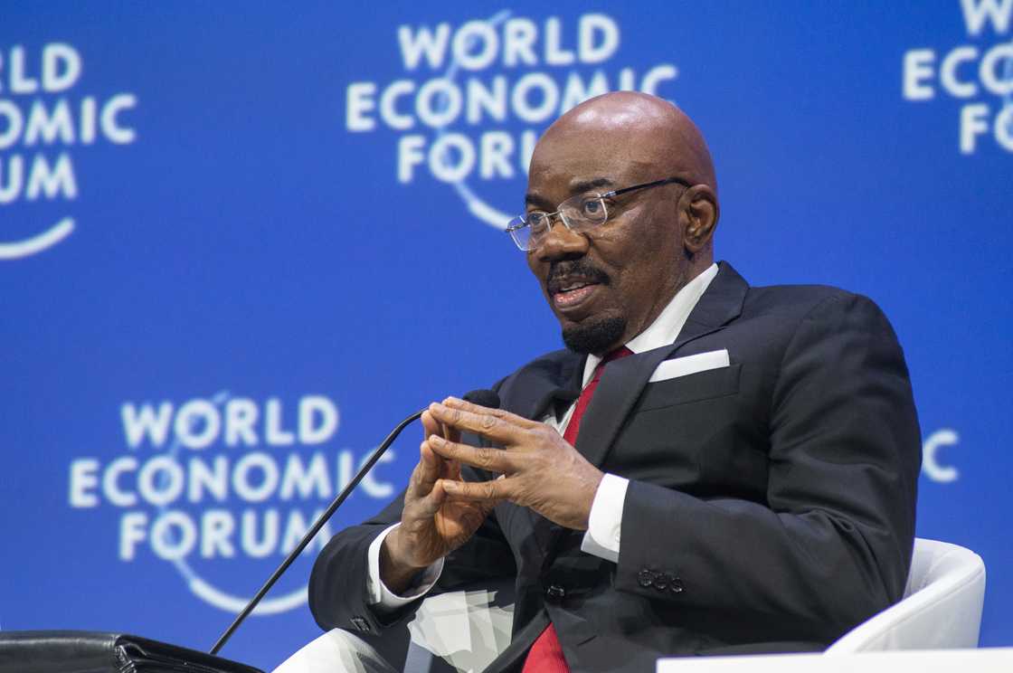 Jim Ovia, chairman of Zenith Bank Plc, gestures as he speaks during a panel session on the opening day of the 28th World Economic Forum (WEF) on Africa in Cape Town