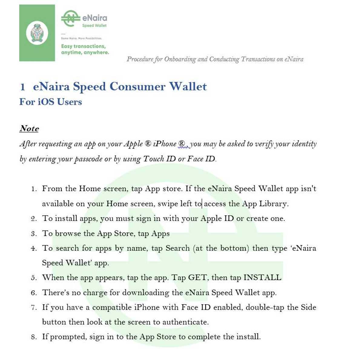 Procedure for onboarding eNaira Speed Wallet for iOS Users