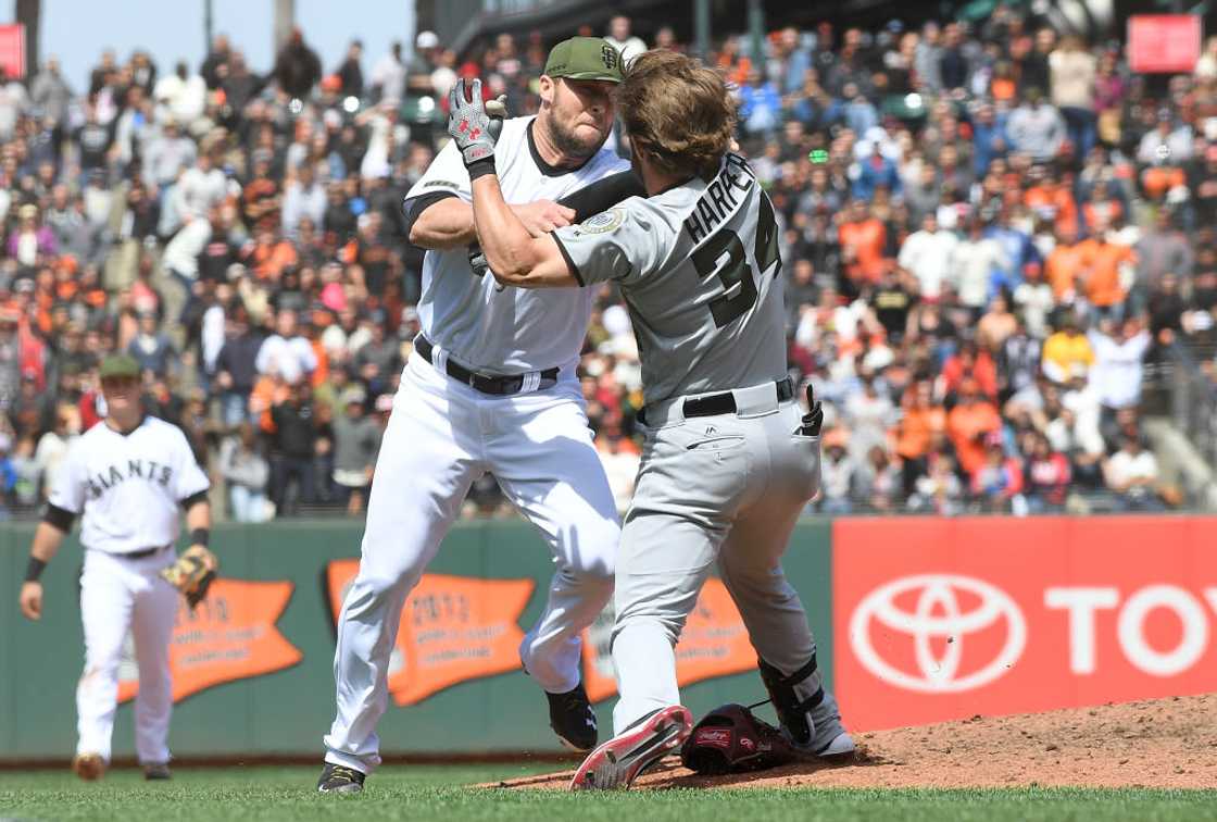 Bryce Harper and Hunter Strickland throw punches at one another at AT&T Park on 29 May 2017. Bryce Harper and Hunter Strickland throw punches at one another at AT&T Park on 29 May 2017.