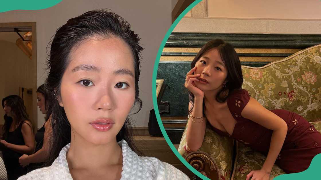 Evelyn Ha in a white robe and a brown dress Evelyn Ha in a white robe and a brown dress