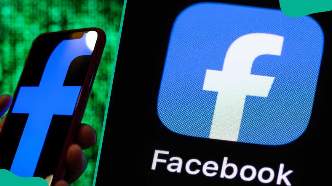 Person holding a phone with a Facebook logo (L). Facebook logo (R) Person holding a phone with a Facebook logo (L). Facebook logo (R)