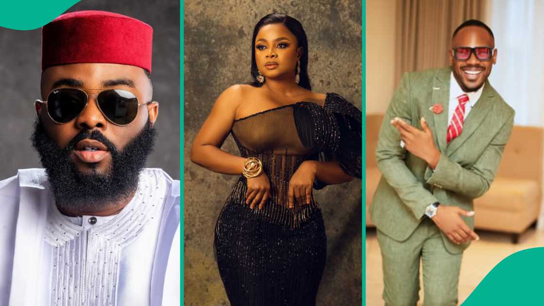 VJ Adams reacts to Bimbo Ademoye and Daniel Etim Effiong's romantic photo. VJ Adams reacts to Bimbo Ademoye and Daniel Etim Effiong's romantic photo.