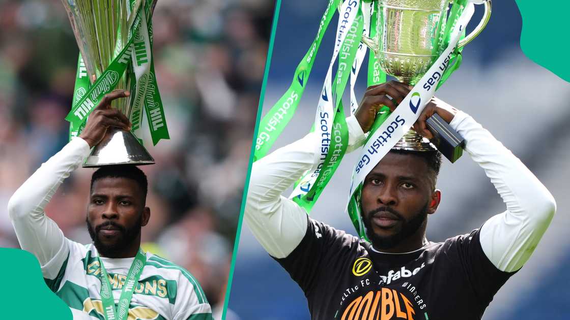 Kelechi Iheanacho celebrating with the Scottish Cup and Premier League trophy. Photo by Andrew Milligan