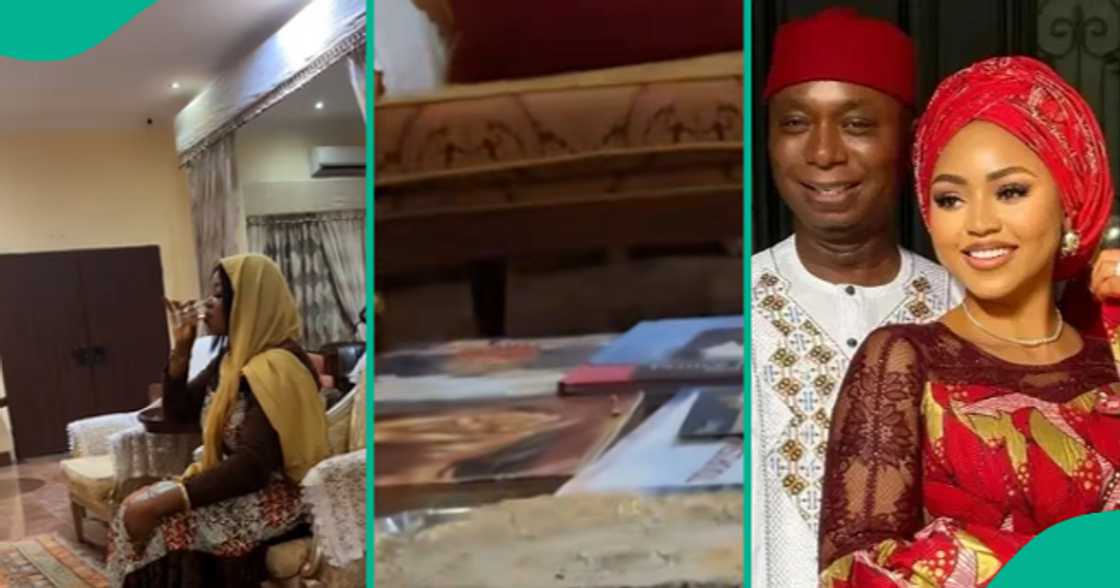 Lady displays what she saw on the table after visiting Ned Nwoko's house.