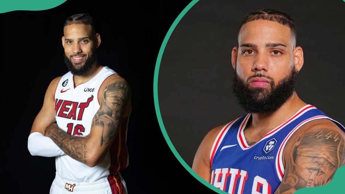 Caleb Martin in Miami, Florida (L). Caleb Martin in Camden, New Jersey (R). Caleb Martin in Miami, Florida (L). Caleb Martin in Camden, New Jersey (R).