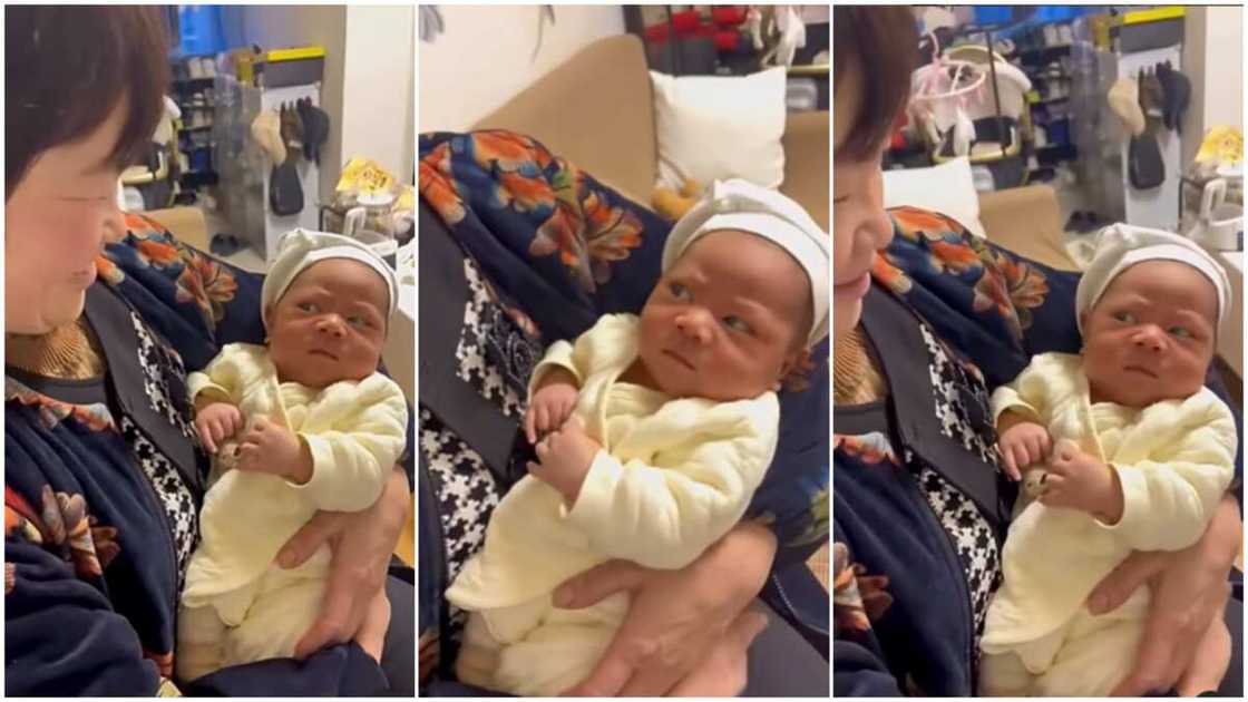 Newborn's frown/Woman carried baby. Newborn's frown/Woman carried baby.