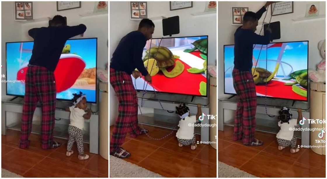 Photos of a dad using rope to secure his television against his daughter. Photos of a dad using rope to secure his television against his daughter.
