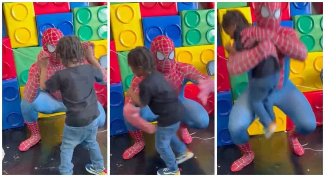 Dad disguises in Spider-man costume to perform for his son who has been wanting to see the move character. Dad disguises in Spider-man costume to perform for his son who has been wanting to see the move character.