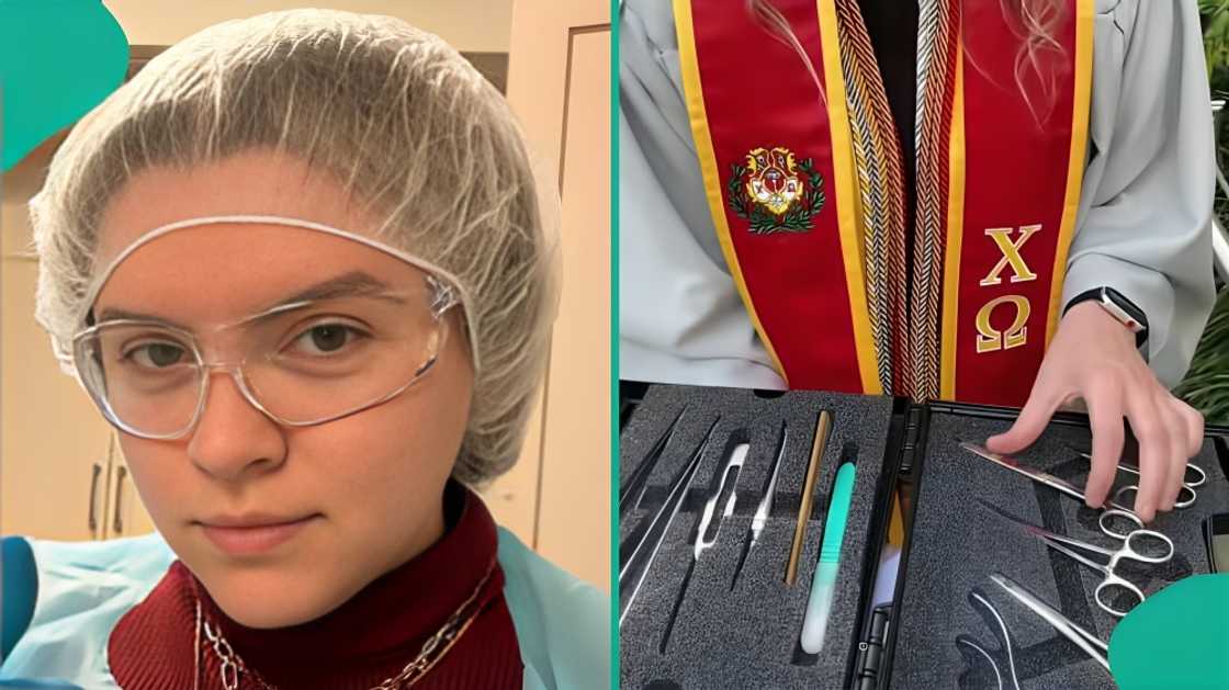Graduate of mortuary school shows instruments given to her for outstanding performance