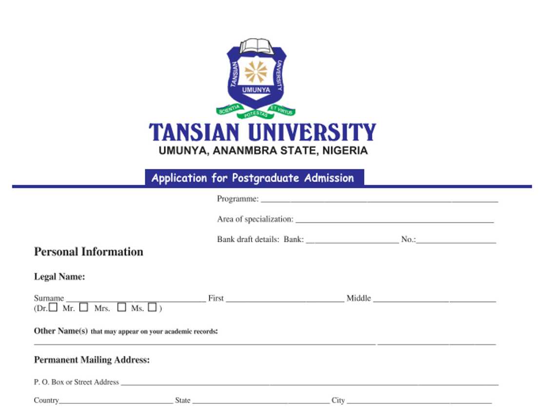 Tansian University application form.