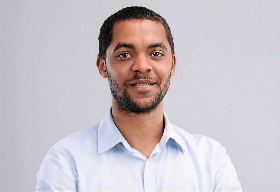 Mark Essien poses with his arms crossed in a light blue and white striped collared shirt Mark Essien poses with his arms crossed in a light blue and white striped collared shirt