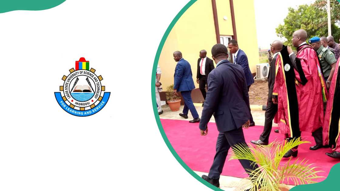 The LASUSTECH logo and members of staff walking to the dais during a recent graduation The LASUSTECH logo and members of staff walking to the dais during a recent graduation