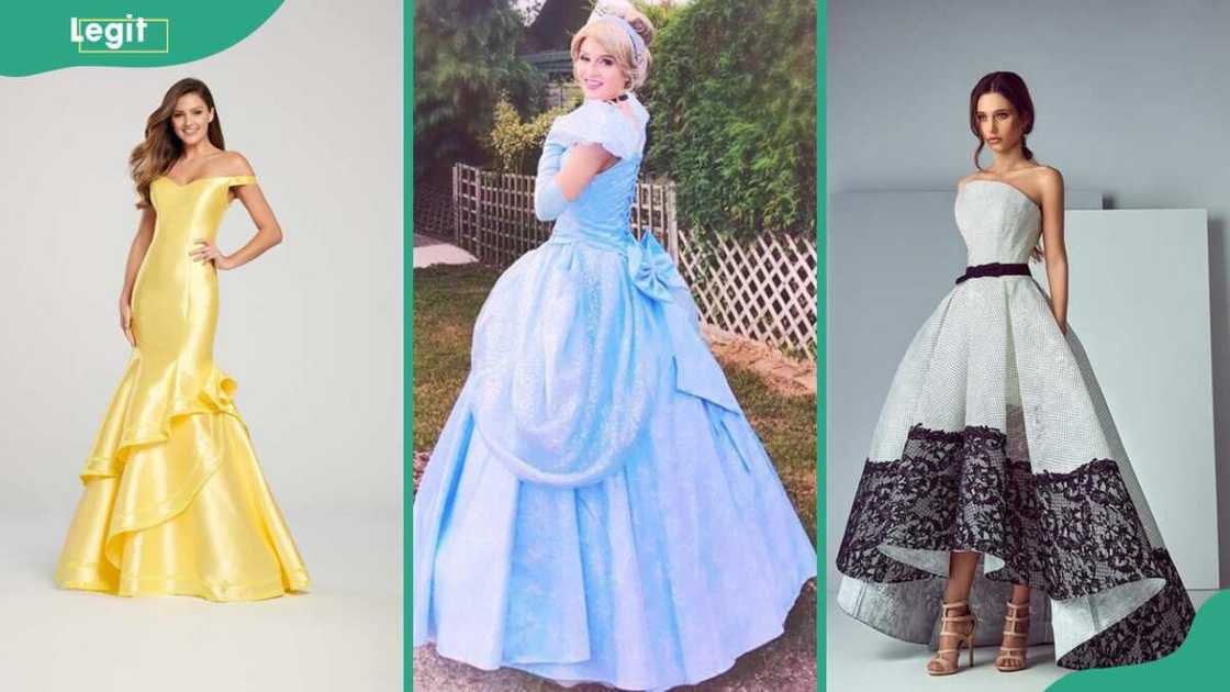 A yellow fit and flare (L), a light blue princess ball gown (C), and a white and black high low gown (R) A yellow fit and flare (L), a light blue princess ball gown (C), and a white and black high low gown (R)