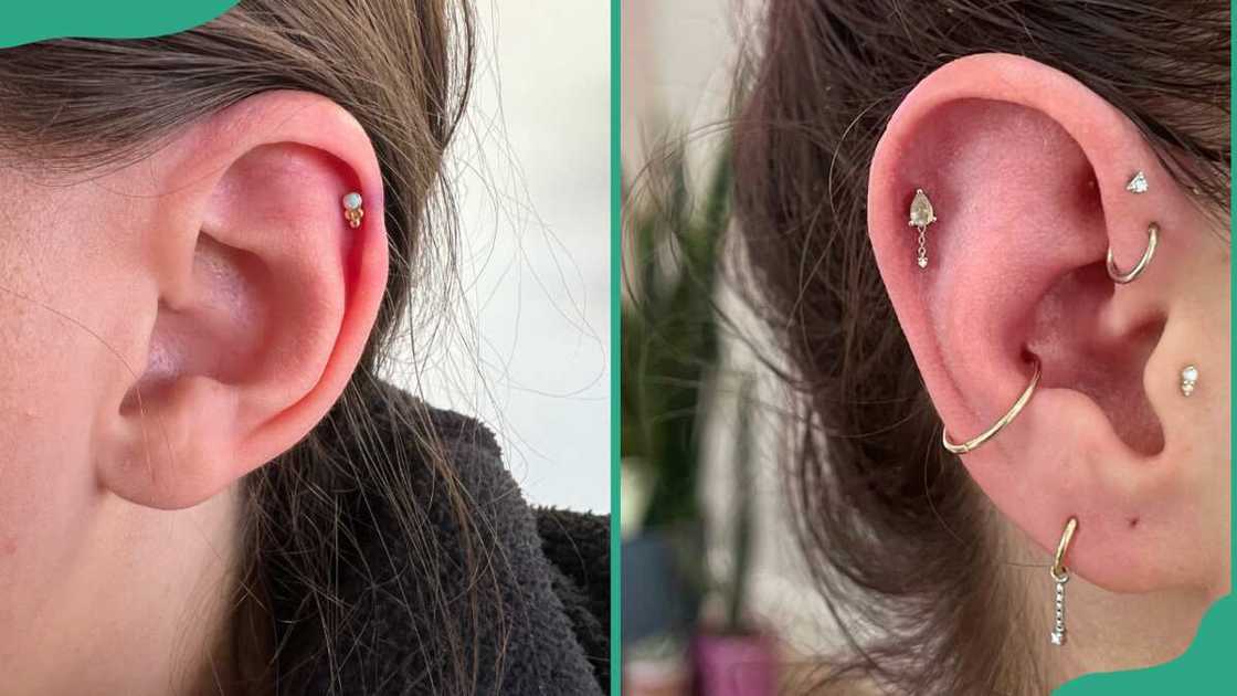 Women showing off their helix piercings