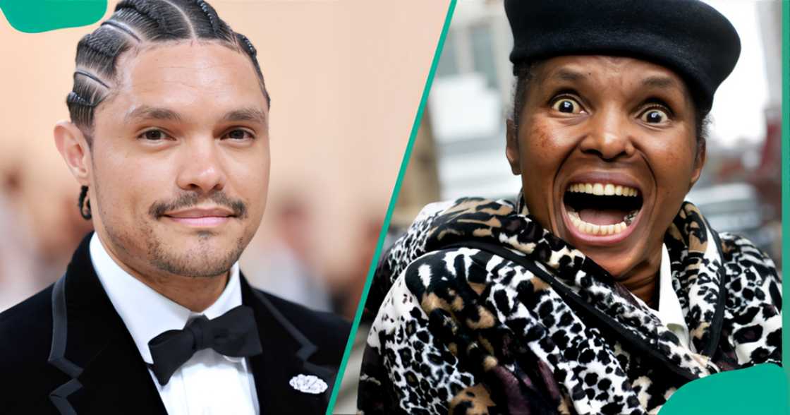 Trevor Noah at the 2023 Met Gala at the Metropolitan Museum of Art (L). Trevor Noah's mother, Patricia, reacts during a photoshoot (R).