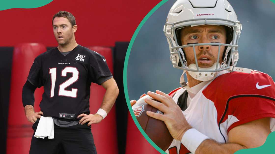 Colt McCoy at State Farm Stadium in Glendale, Arizona (L). Colt McCoy at Lumen Field in Seattle, Washington (R).