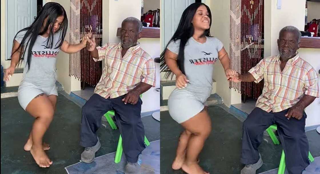 Photos of a short-looking lady dancing for a short old man.