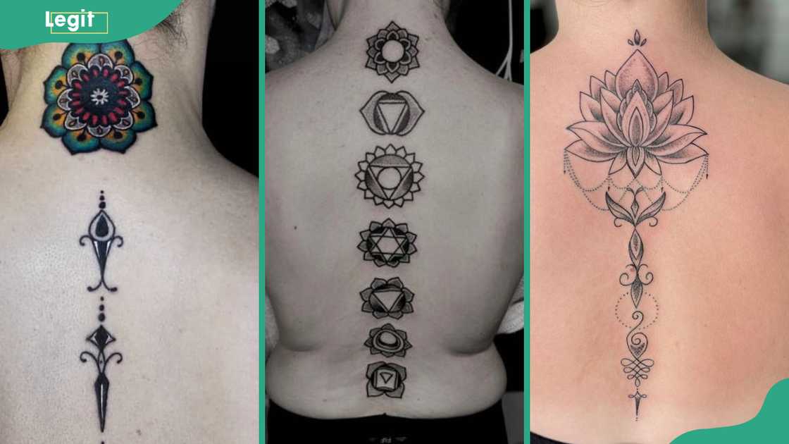 Mandala spine tattoo (L). The seven chakras (C). Floral spine tattoos are among the spine tattoos for women Mandala spine tattoo (L). The seven chakras (C). Floral spine tattoos are among the spine tattoos for women