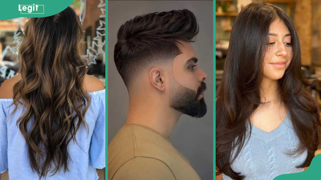 Long razor cut (L), quiff (C) and face-framing layers (R) hairstyles