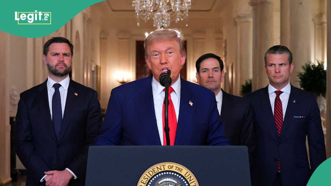 President Donald Trump speaks following Iran's attack on United States military base in Qatar on Monday, June 23, 2025.