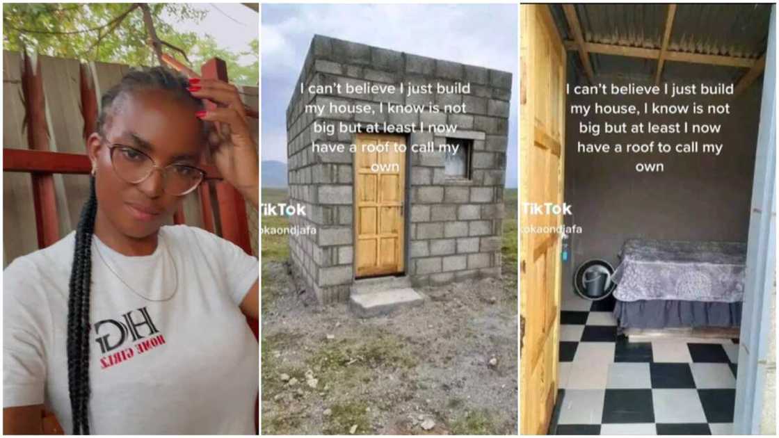 Lady builds small house/house without ceilings.