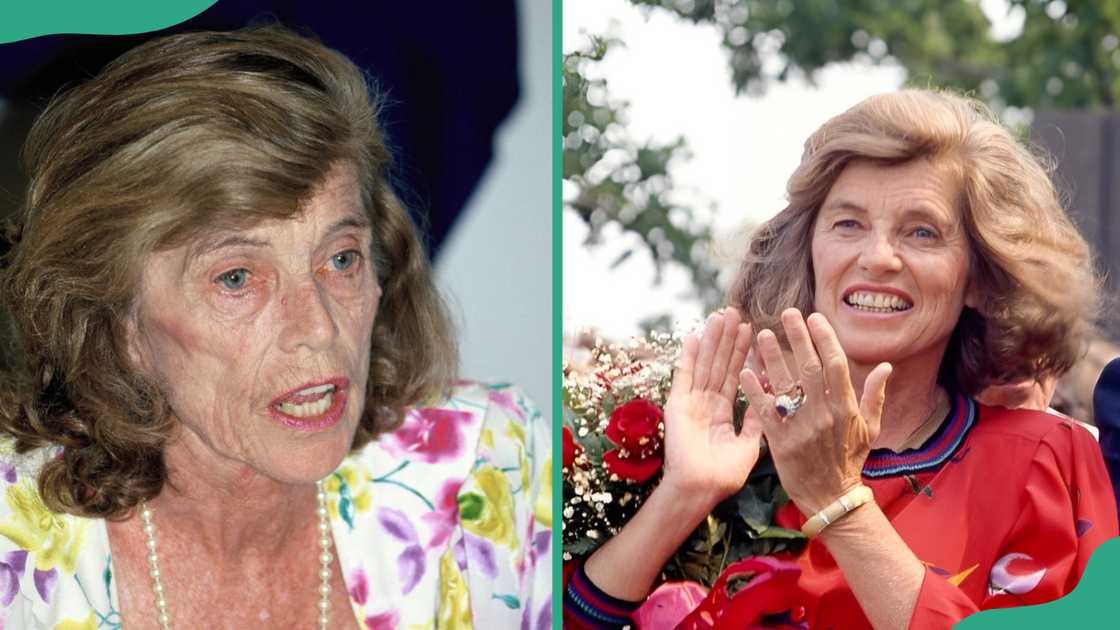 Eunice Kennedy Shriver in a red dress clapping her hands (L). The philanthropist is in her in a flowery dress (R)