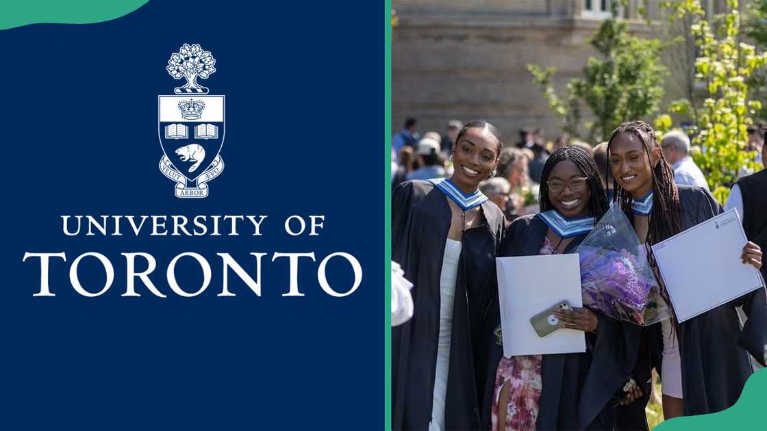 University of Toronto logo (L) and three students posing for a photo during graduation at University of Toronto (R) University of Toronto logo (L) and three students posing for a photo during graduation at University of Toronto (R)