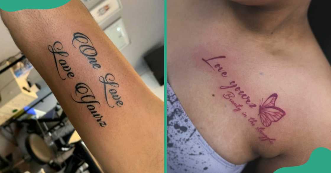 Love Yourz tattoos with quotes on the arm and collarbone.