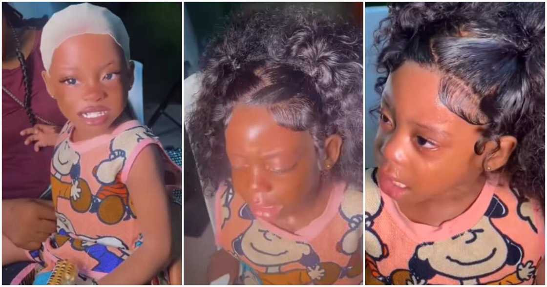 Little girl in tears as she fixes frontal wig. Little girl in tears as she fixes frontal wig.