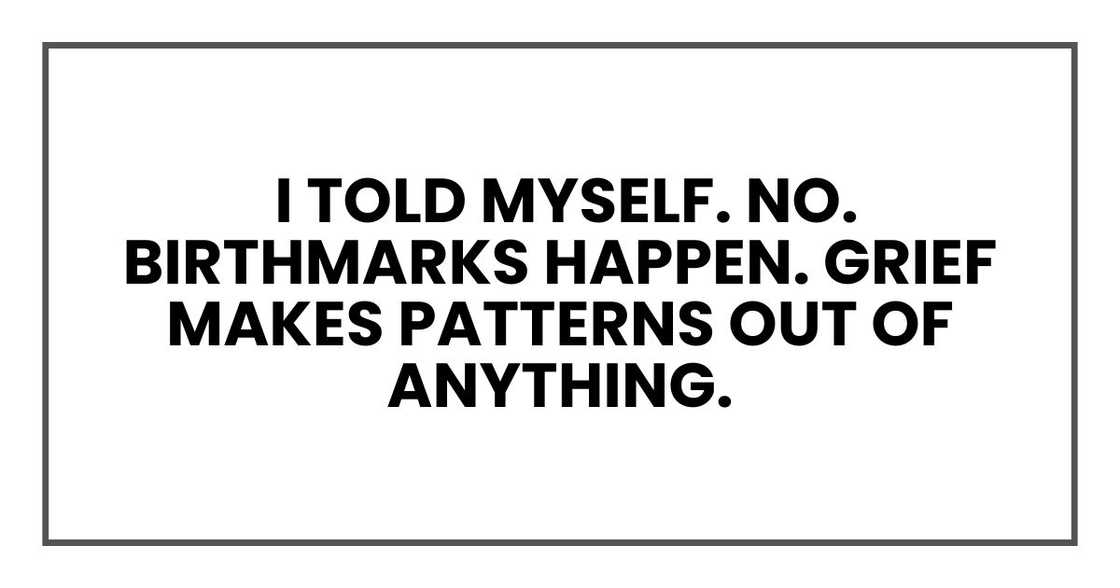 I told myself. No. Birthmarks happen. Grief makes patterns out of anything.