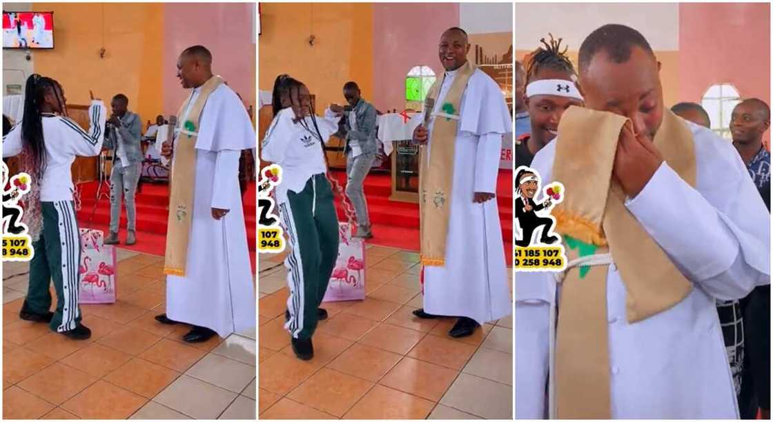 Photos of a lady dancing for a priest inside church.