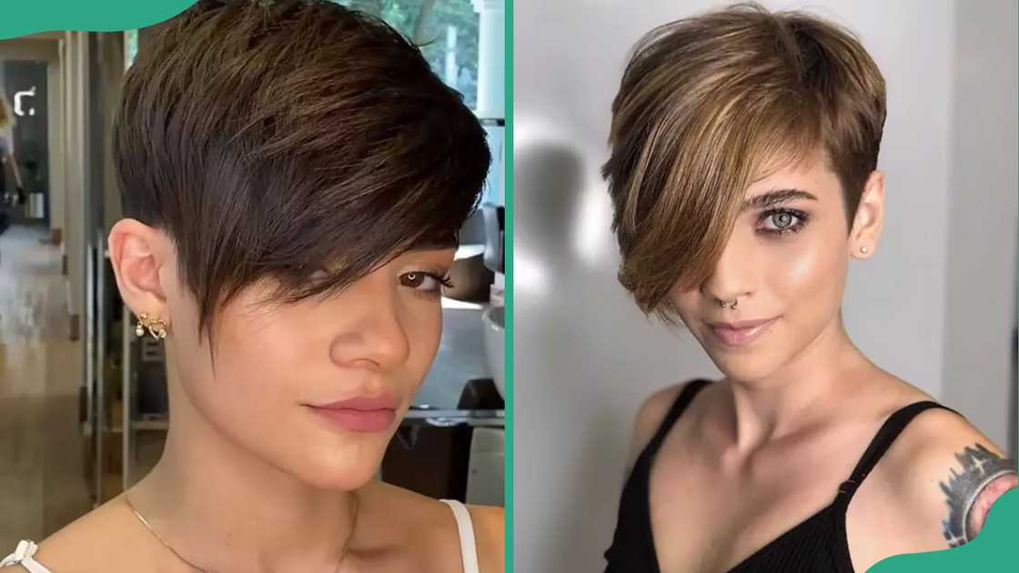 Two women displays their pixie cuts Two women displays their pixie cuts