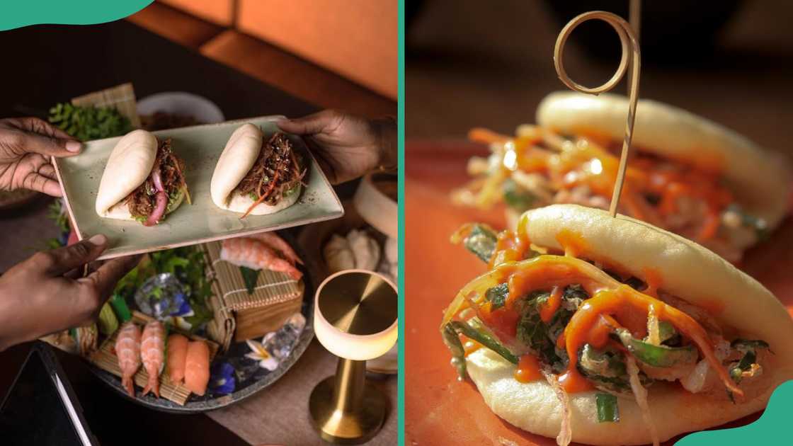 Two people holding a plate of Bao buns (L) and Gua bao (R) Two people holding a plate of Bao buns (L) and Gua bao (R)