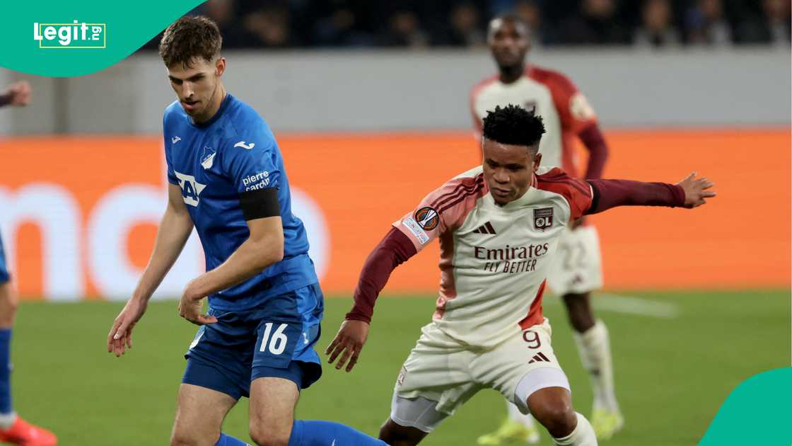Anton Stach, Gift Orban, TSG Hoffenheim, Olympique Lyonnais, Sinsheim, UEFA Europa League. Anton Stach, Gift Orban, TSG Hoffenheim, Olympique Lyonnais, Sinsheim, UEFA Europa League.