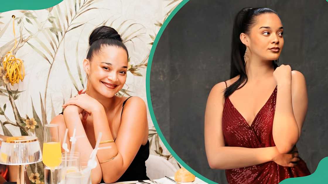 Atlanta Bridget Johnson posing with drinks in front of her and in a maroon dress