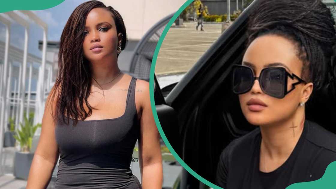 Maureen Esisi posing outside a building (L). The Nigerian social media personality posing inside a car (R). Maureen Esisi posing outside a building (L). The Nigerian social media personality posing inside a car (R).